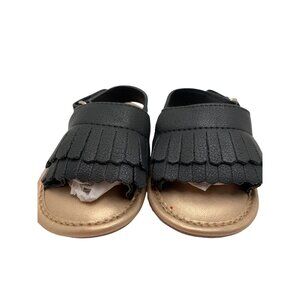 Baby Fringe Sandals Black Faux Leather Gold Sole Size 1 Infant Shoes
